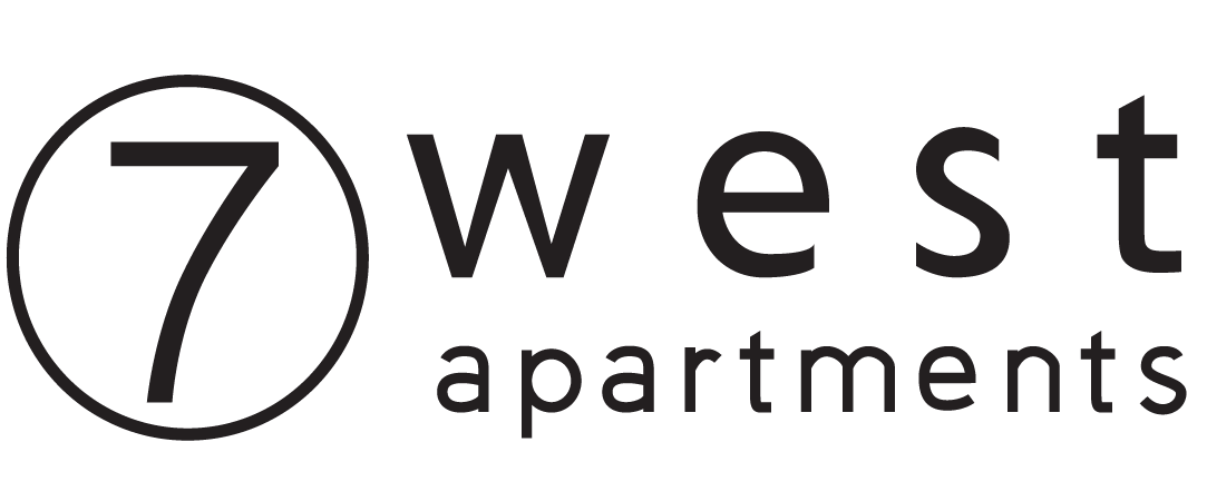 a green background with the words 7 west apartments